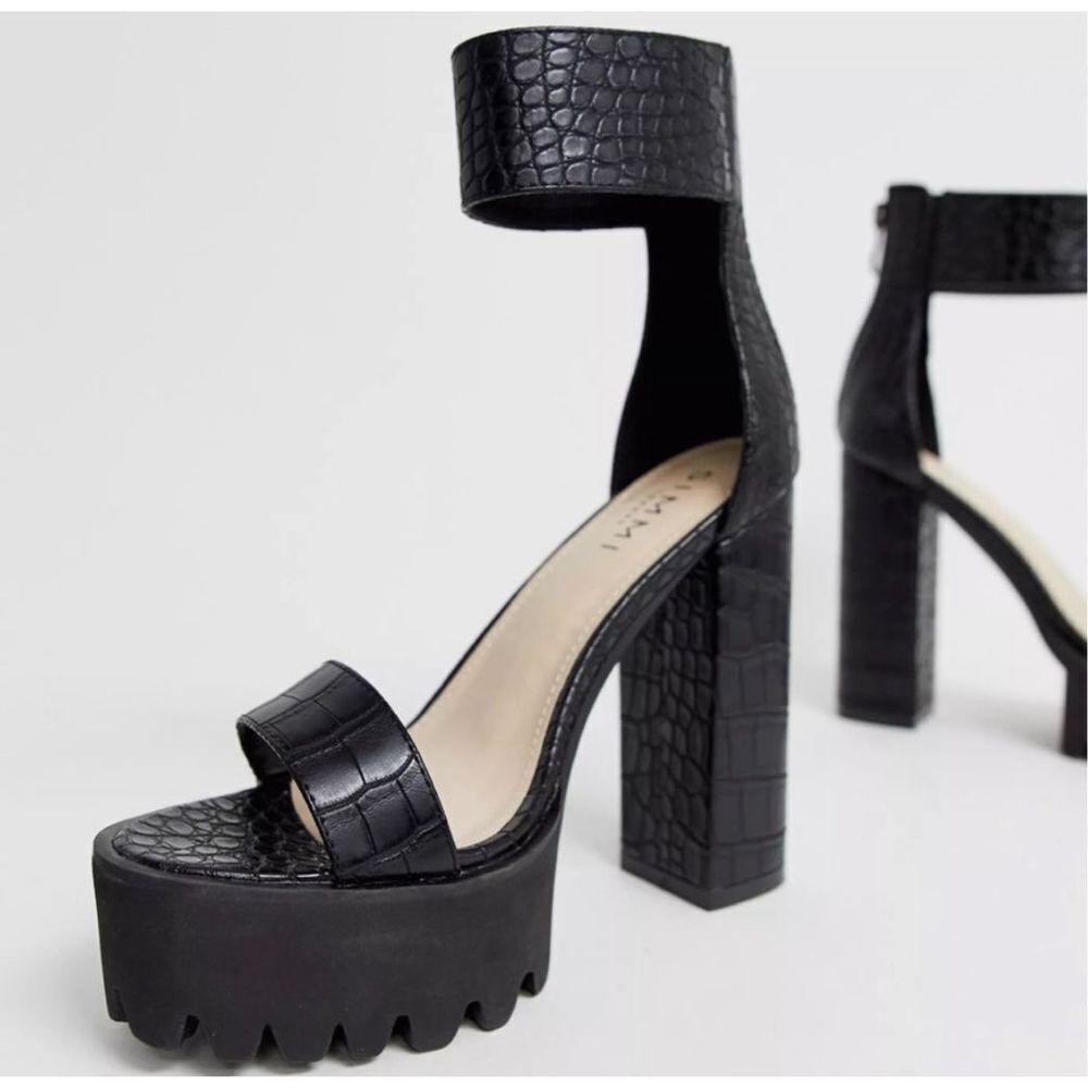 Black Croc-Embossed Platform Block Heel Sandals